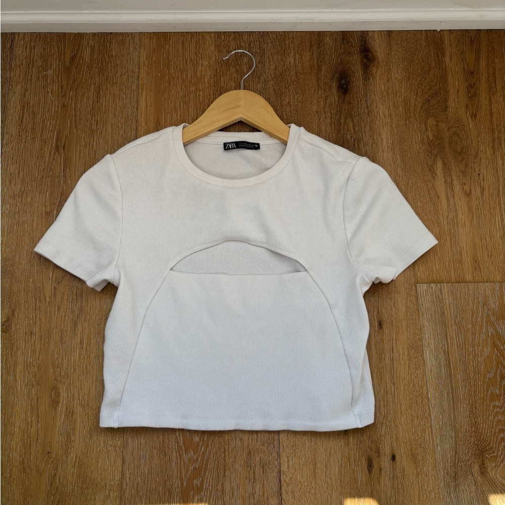 Zara White Short Sleeve Cut Out Top